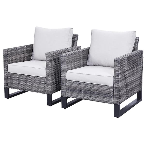 Pocassy Gray Wicker Outdoor Patio Lounge Chair with CushionGuard Beige Cushions (2-Pack)