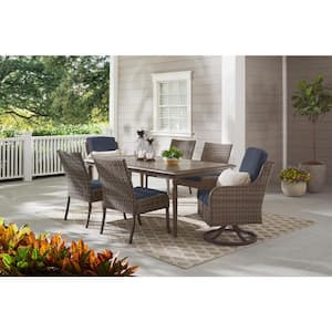 Windsor 7-Piece Brown Wicker Rectangular Outdoor Dining Set with CushionGuard Sky Blue Cushions
