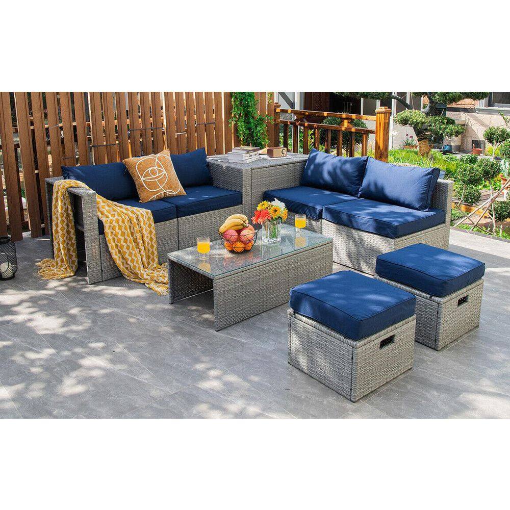 8-Piece Navy PE Rattan Outdoor Patio Furniture Set