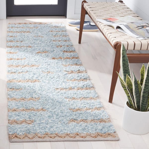 Natura 2 ft. x 8 ft. Blue/Natural Chevron Flokati Striped Runner Rug