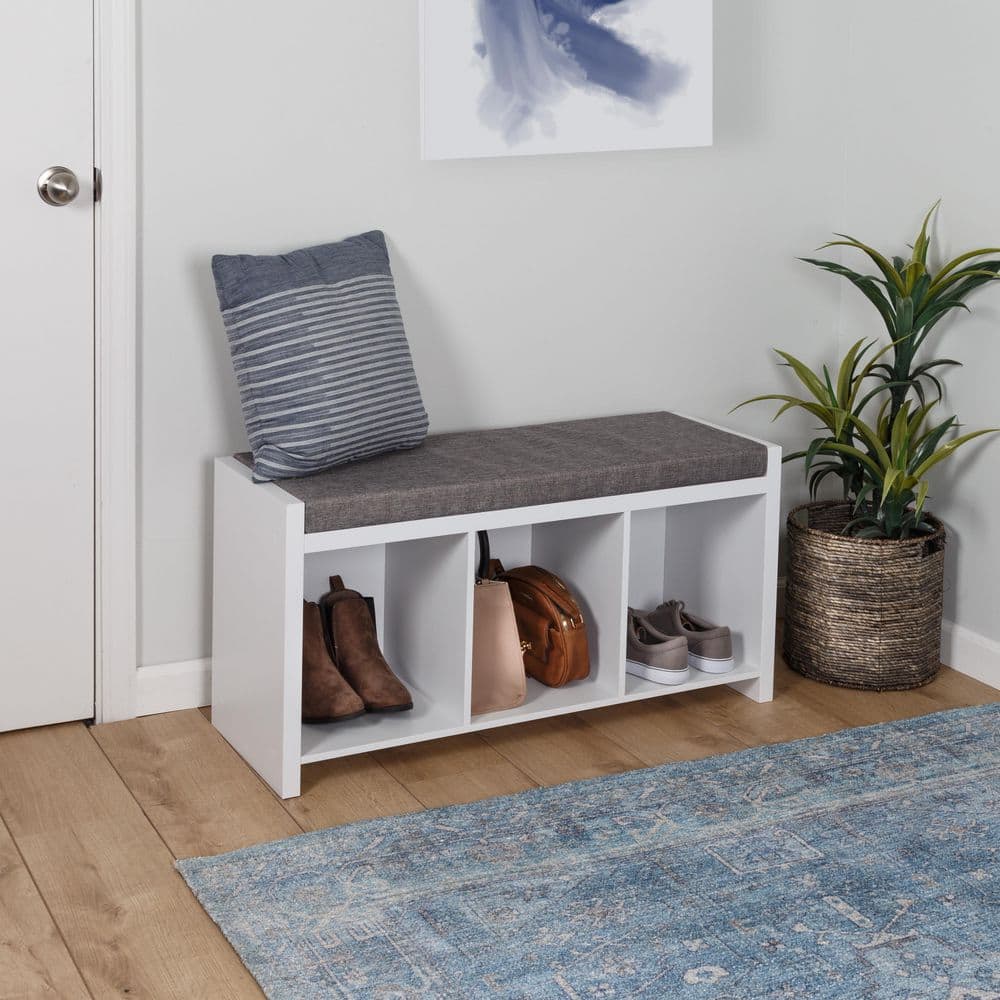 35.8 in. W x 18.1 in. H 8-Pair Shoes White Wood Shoe Storage Bench with 2  Doors and 4-Shelves Storage Compartment
