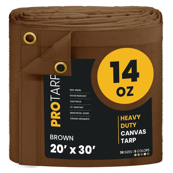 Heavy Duty 14 OZ Water Resistant Canvas Tarp, UV Resistant Tarpaulin Cover Brown 20 ft. x 30 ft.
