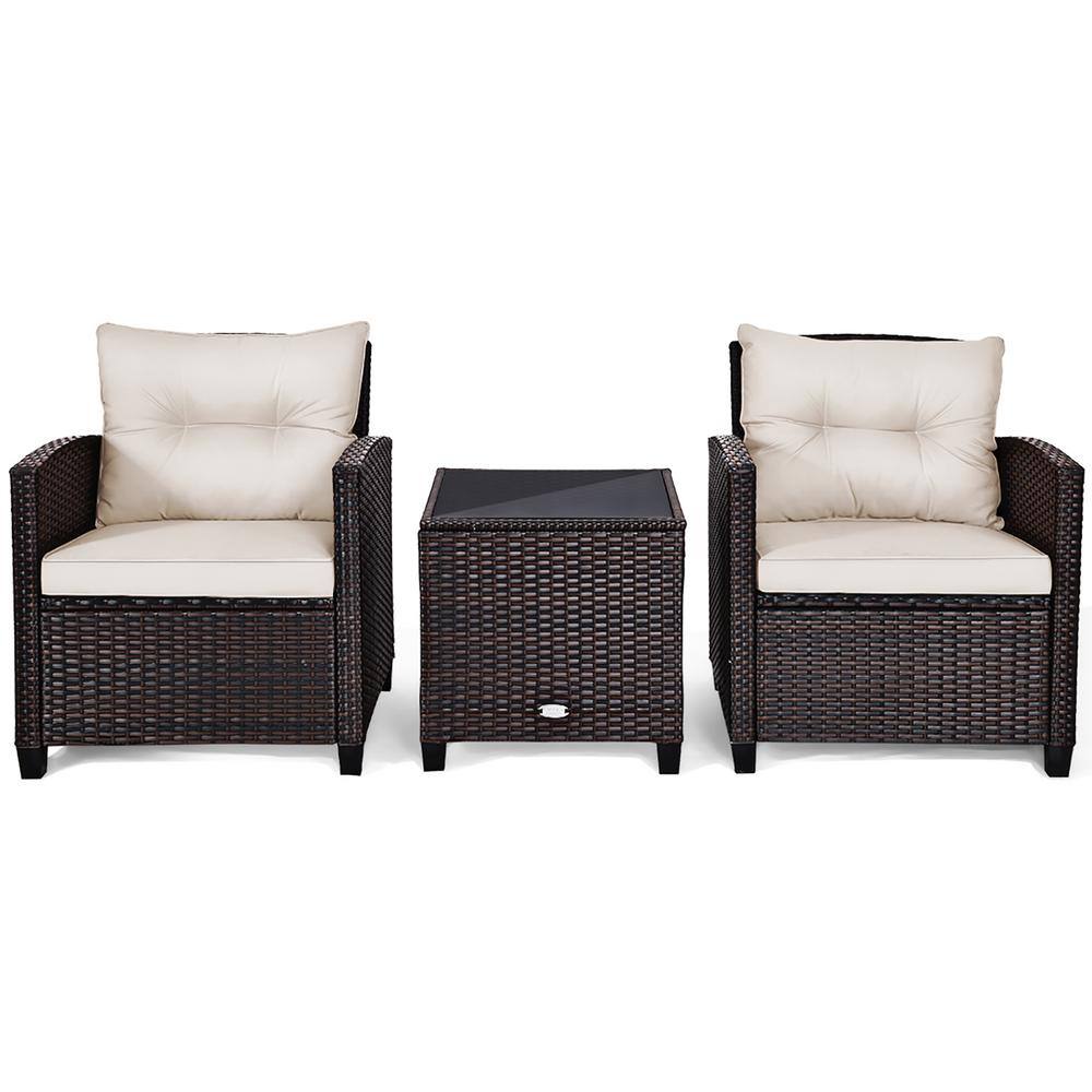 Mix Brown 3-Piece Wicker Steel Patio Conversation Set Sofa Coffee Table with White Cushions price history on PriceWatchPro