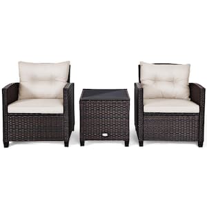 Mix Brown 3-Piece Wicker Steel Patio Conversation Set Sofa Coffee Table with White Cushions