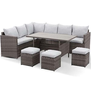 7-Piece Gray Wicker Outdoor Dining Set with Gray Cushions