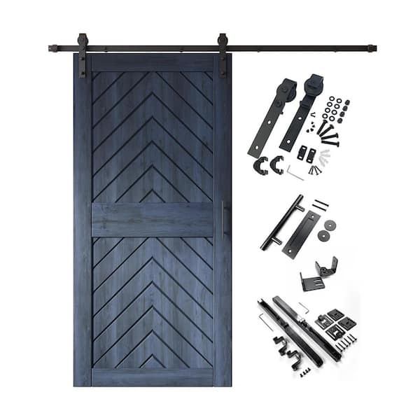 JT1 36 in. x 84 in. C-Panel Navy Fishbone Design Solid Pine Wood Sliding Barn Door with Hardware Kit