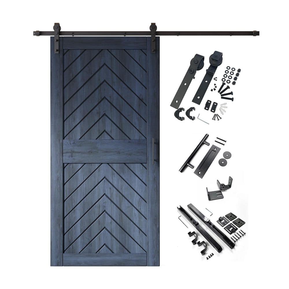 JT1 40 in. x 84 in. C-Panel Navy Fishbone Design Solid Pine Wood Sliding Barn Door with Hardware Kit price history on PriceWatchPro