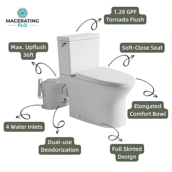 Upflush Toilet 2-Piece for Basement Ultra 750-Watts Pump, White Elongated Bowl, 1.28 GPF Single Flush Macerator Pump