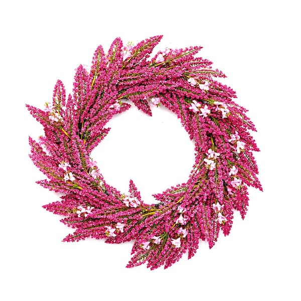 Unbranded 22 in. Artificial Heather Wreath with Pink Flowers on Natural Twig Base