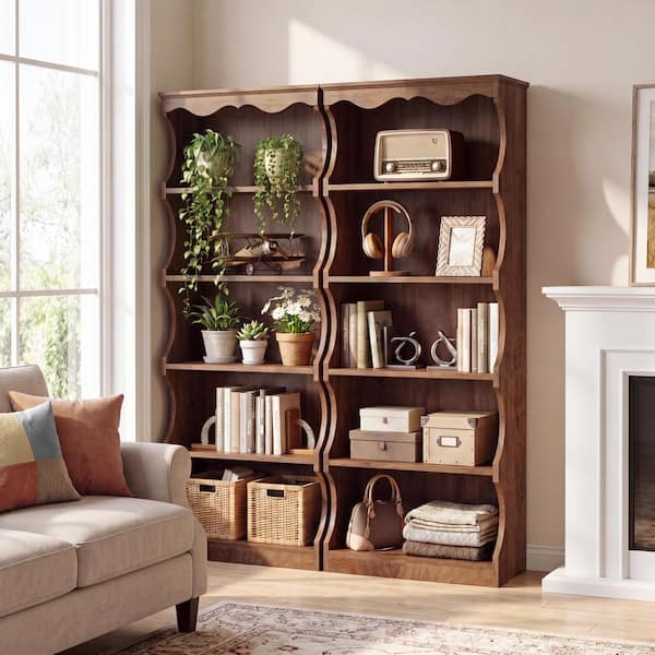 Eulas 70.08 in. Tall Deep Brown Wood 5-Shelf Standard Bookcase with Curved Edges, Traditional Bookshelf for Living Room