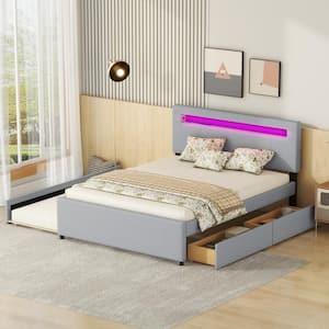 Gray Wood Frame Queen Size Upholstered Platform Bed with Twin Size Trundle, 2-Drawer, Cool LED Light and USB Charging