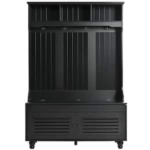 Black 47 in. Wide Hall Tree with Storage Bench with Shutter-shaped doors and Cushion and 4-Sturdy Hooks