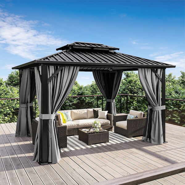 12 ft. W x 10 ft. D Black Aluminum Double Roof Hardtop Gazebo with Ceiling Hook, Curtains and Netting