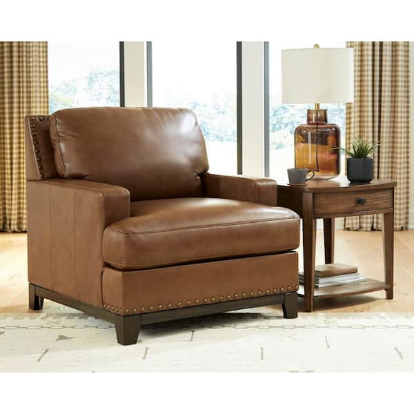 Brendola Brown Leather Arm Chair with Nailhead Trim and Removable Cushions