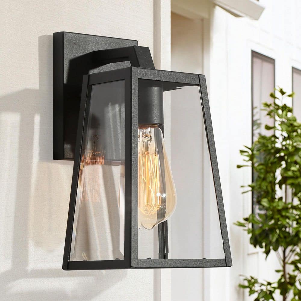 LNC Modern Textured Black 1-Light Outdoor Lantern Sconce Clear