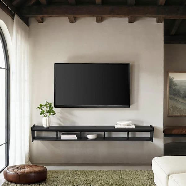 65 in. Solid Black Wood Modern Floating TV Stand with Divided Shelf Fits TVs up to 70 in.