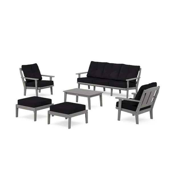POLYWOOD Mission 6-Pcs Plastic Lounge Sofa Set in Slate Grey/Midnight Linen Cushions