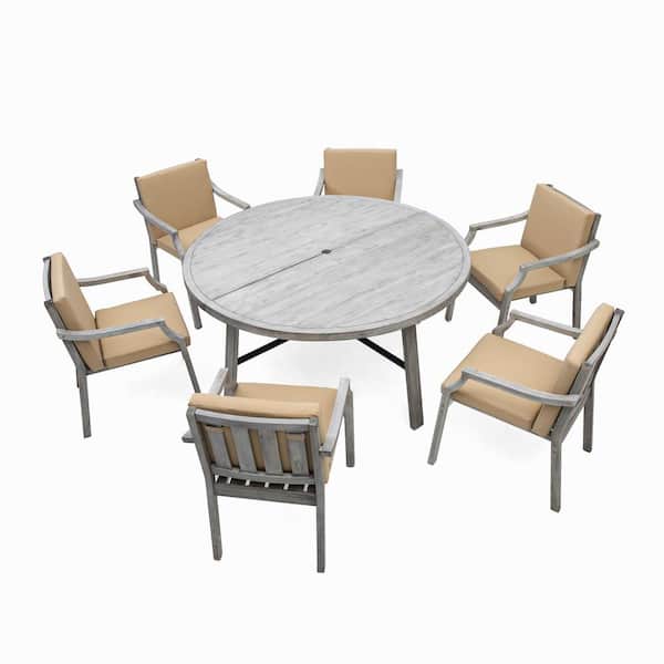 Unbranded Antique Gray 7-Piece Wood Outdoor Dining Set with Umbrella Hole and Brown Removable Cushions for Patio, Backyard, Garden