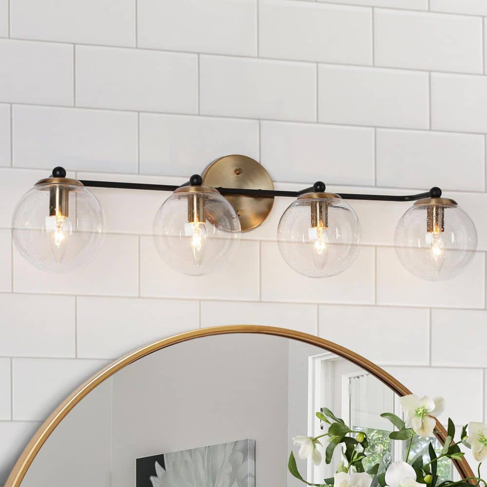 Modern DIY Vanity Light, 30 in. 4-Light Brass Gold Bathroom Vanity Light, Transitional Globe Seeded Glass Bath Light price history on PriceWatchPro