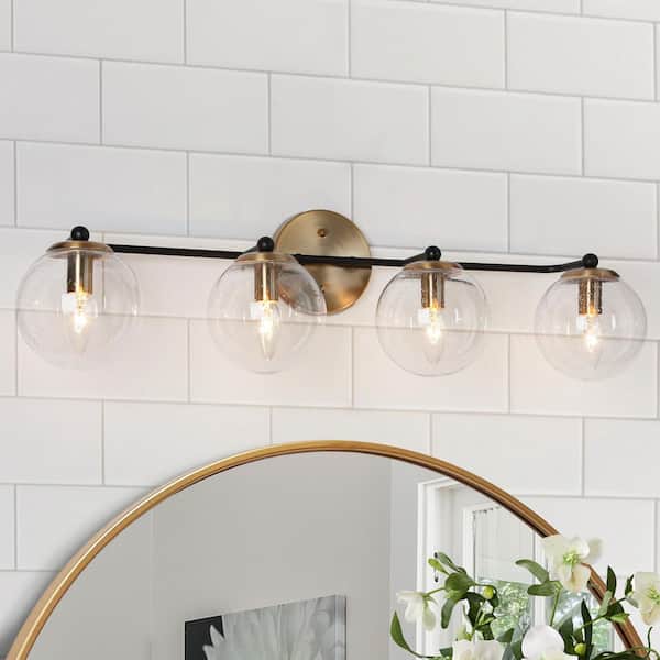 Modern DIY Vanity Light, 30 in. 4-Light Brass Gold Bathroom Vanity Light, Transitional Globe Seeded Glass Bath Light