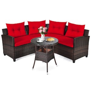 4-Piece Wicker Rectangular Patio Conversation Set with Red Cushions
