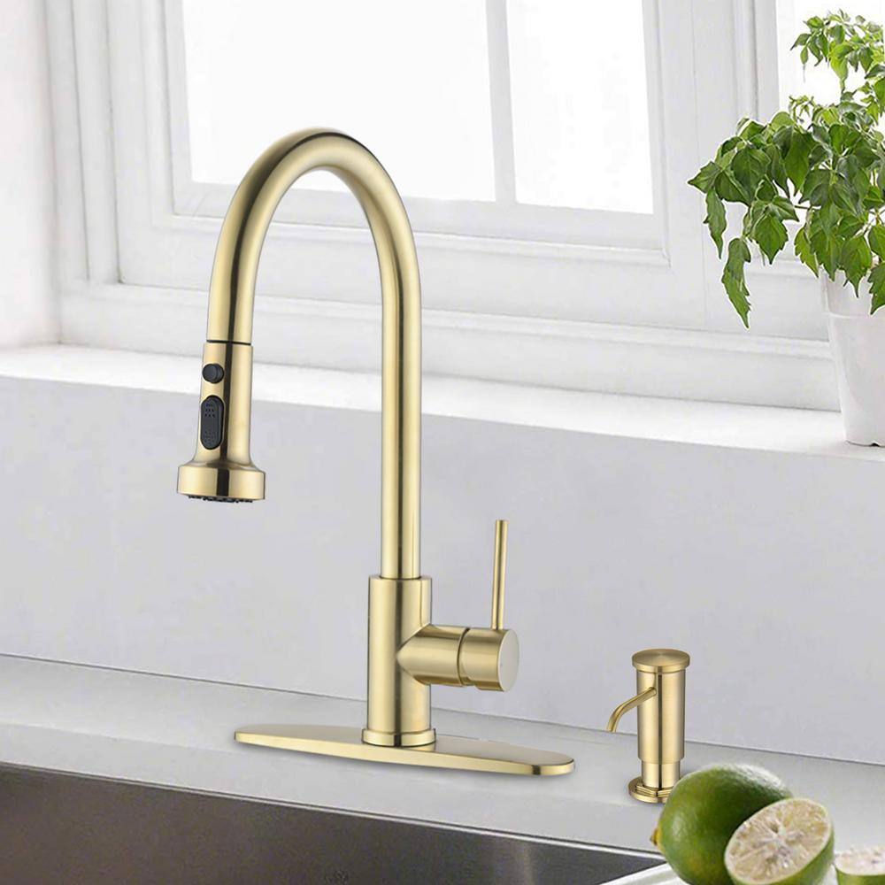 Brushed Gold Stainless Steel Pull Down Kitchen Faucet with Soap Dispenser