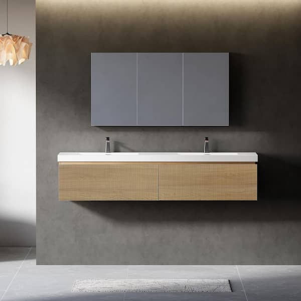 72 in. Wall-Mounted Bath Vanity Double Sink Floating Bathroom Vanity in Natural Oak with Glossy White Stone Resin Top