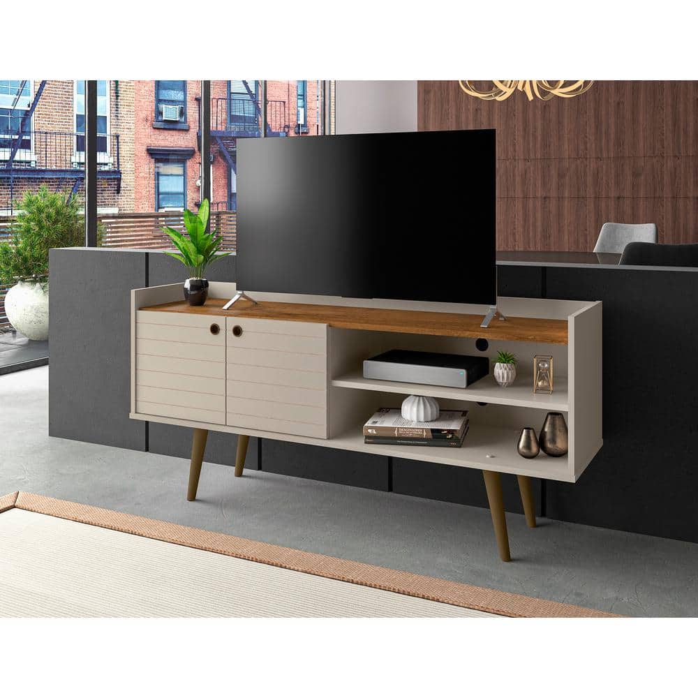 Bogart 53.54" Off-White Mid-Century Modern TV Stand with Cabinet