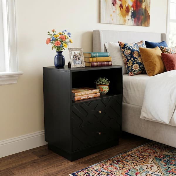 Modern 23.6 in. Black Rectangular Wood End Side Table with 2 Drawers, Open Shelf and Geometric Pattern for Living Room