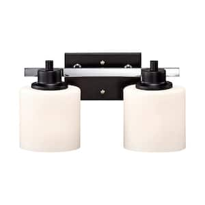 15 in. 2-Light Black and Chrome Finish Vanity Light with Etched White Glass Shades