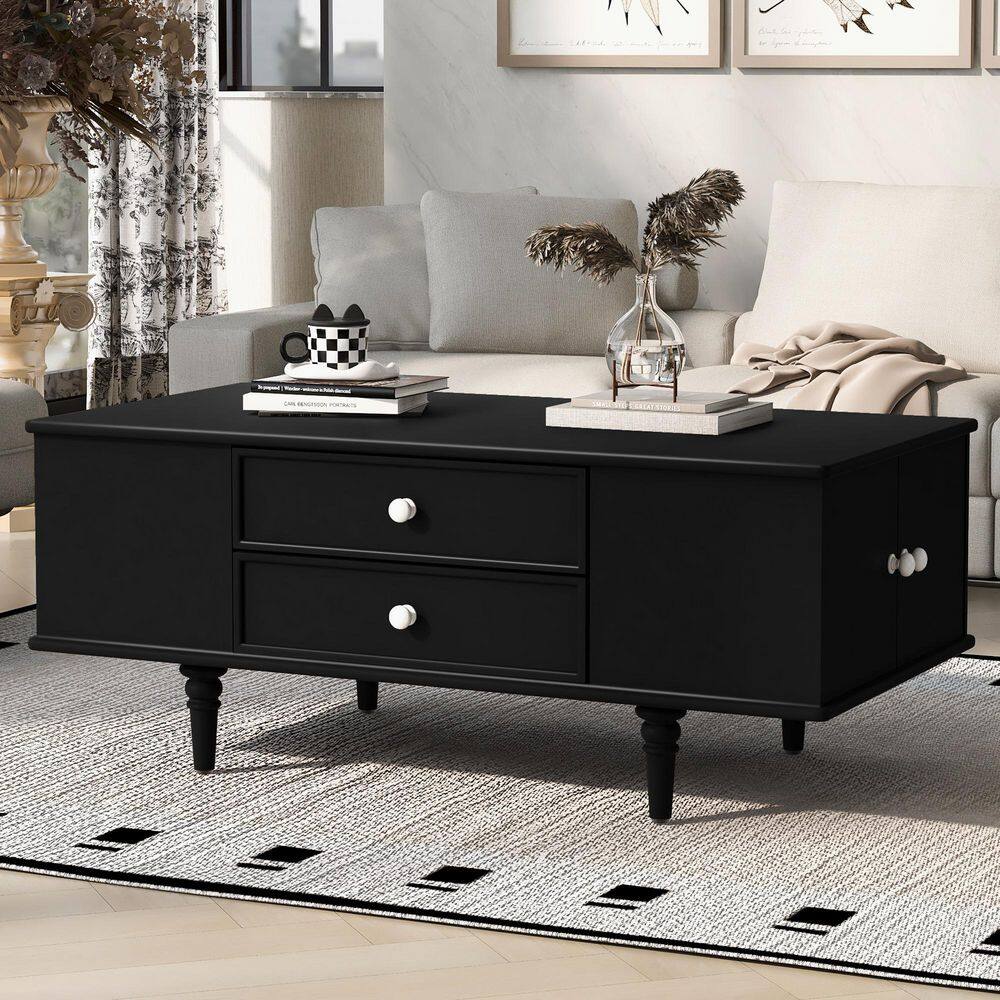 Doriane Modern 47.2 in. Black Rectangle MDF Coffee Table with Drawers, Side Hidden Storage, Solid Wood Legs