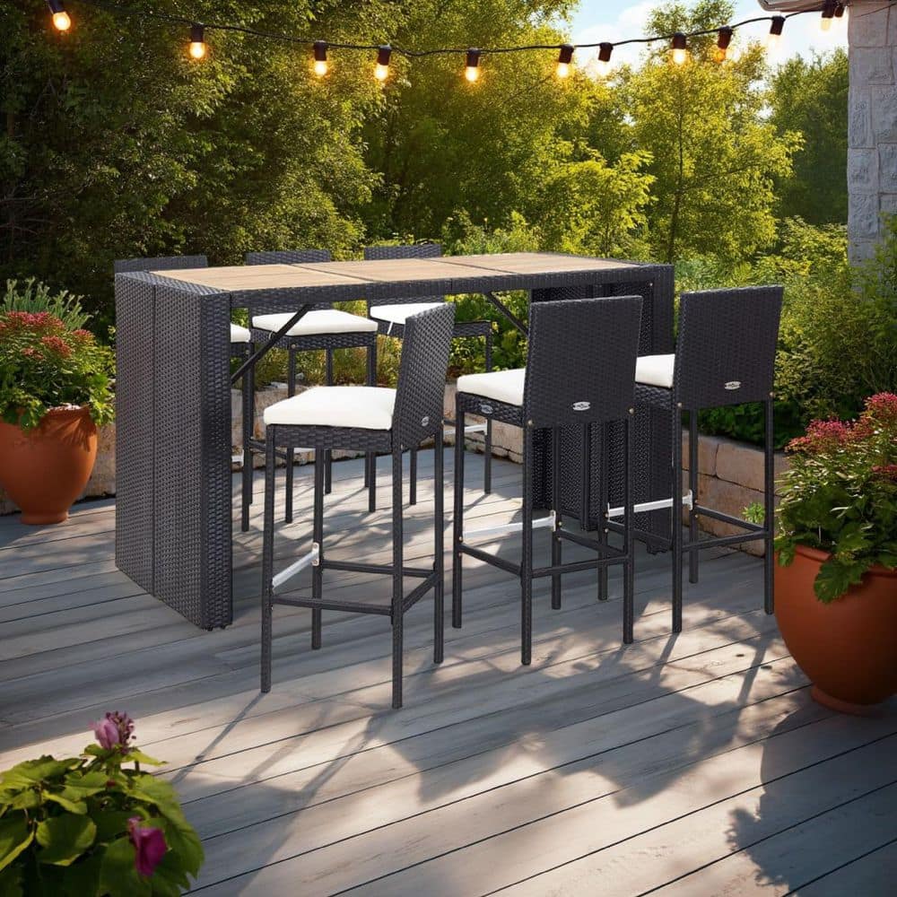 Benjara Black 7 Piece Wood Rectangle Outdoor Serving Bar Set with White ...