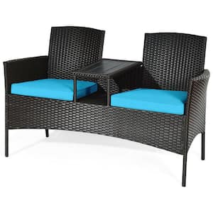 1-Piece Wicker Outdoor Loveseat with Turquoise Cushions and Built-In Table