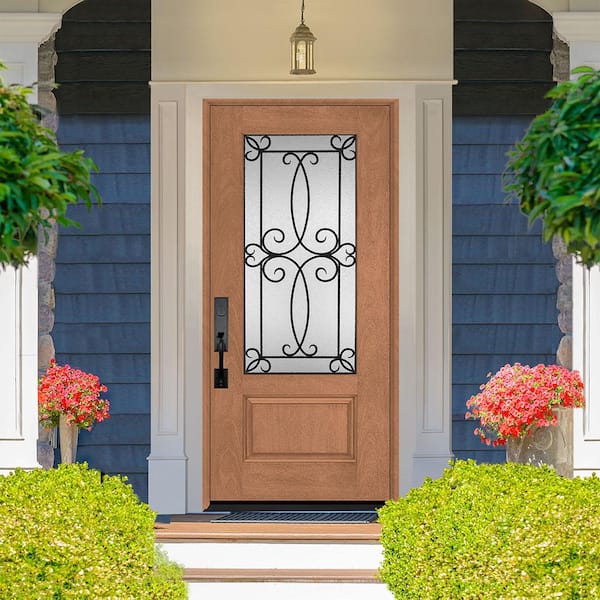 Regency 36 in. x 80 in. 3/4-Lite Georgian Decorative Glass RHIS Autumn Wheat Mahogany Fiberglass Prehung Front Door