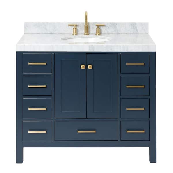 Cambridge 42 in. Single Sink Freestanding Bathroom Vanity in Midnight Blue with Carrara White Marble Top