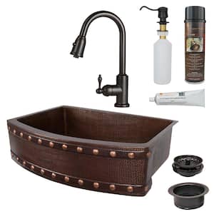 All-in-One Copper 30 in. Single Bowl Rounded Kitchen Farmhouse Apron Front Barrel Strap Sink with Faucet in ORB