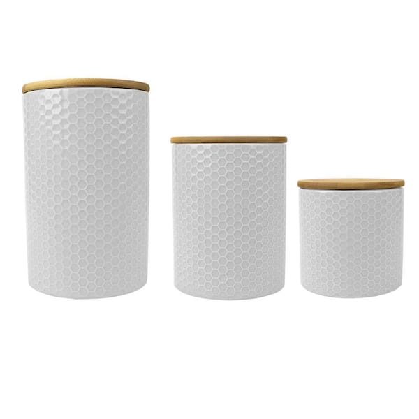 Home Basics Honeycomb 3-Piece Ceramic Canister Set With Bamboo Tops, White