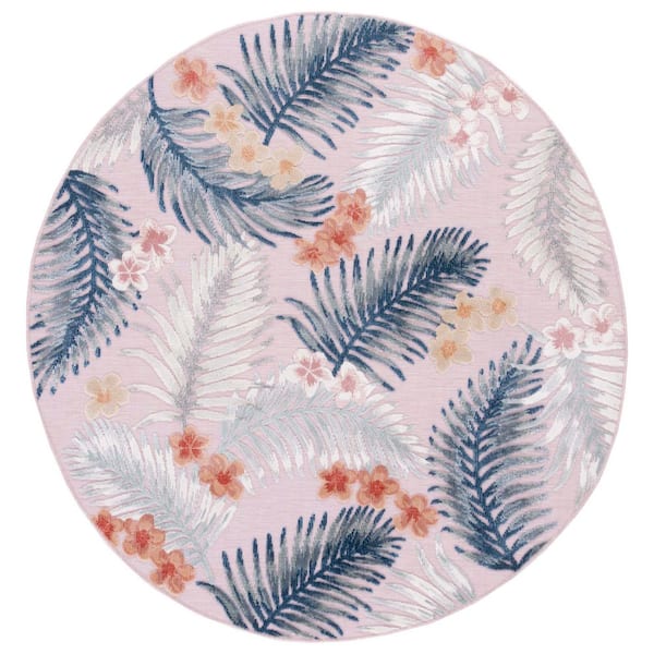 Cabana Pink/Gray 6 ft. x 6 ft. High-Low Botanical Floral Indoor/Outdoor Round Area Rug