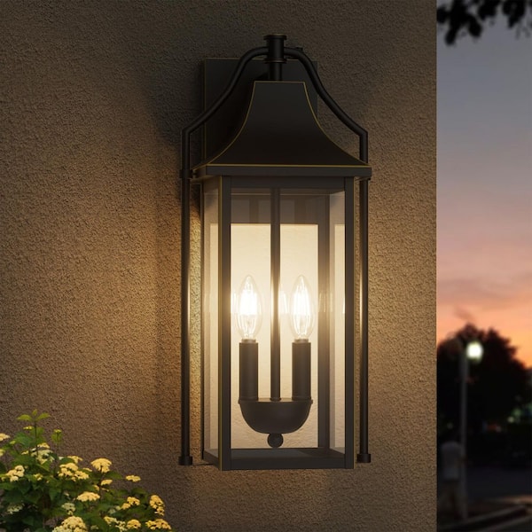 Hawaii 18 in. H 2-Bulb Black with Golden Lines Hardwired Outdoor Wall Lantern Sconce with Dusk to Dawn