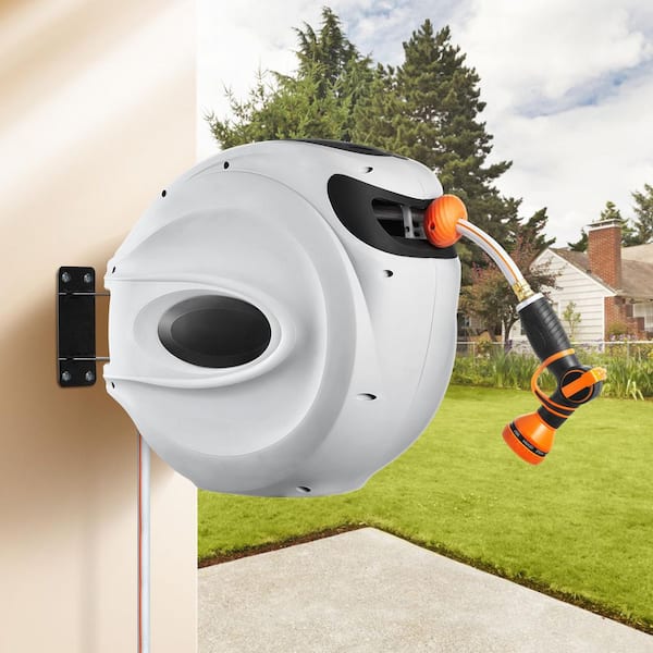 1/2 in. Dia x 100 ft., Retractable Garden Hose Reel, Wall-Mounted, 180° Swivel Bracket, 9-Pattern Nozzle, Rewind, Gray
