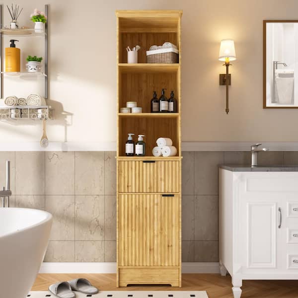 VEIKOUS 68 in. H x 15.74 in. W x 12 in. D Bamboo Freestanding Linen Cabinet Tall Storage Cabinet with Curved Profile in Yellow