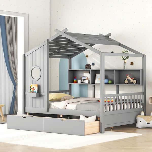 Harper & Bright Designs Gray Wood Full Size House Bed with 2 Under-bed Drawers, Storage Shelves and Shelf Compartment