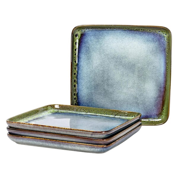 11 Inch Square Stoneware Dinner Plate Set, Ceramic Serving Dishes, Reactive Glaze, Microwave Dishwasher Safe, 4-Pack
