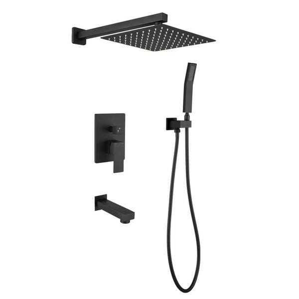 Tahanbath 1-Spray 12 in. Dual Rain Shower Head with Hand Shower and Tub Faucet in Matte Black (Valve Included) Modern Shower Kit