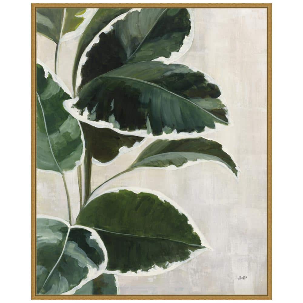 Large Green Leaf Study on Off-White Canvas with Gold Frame