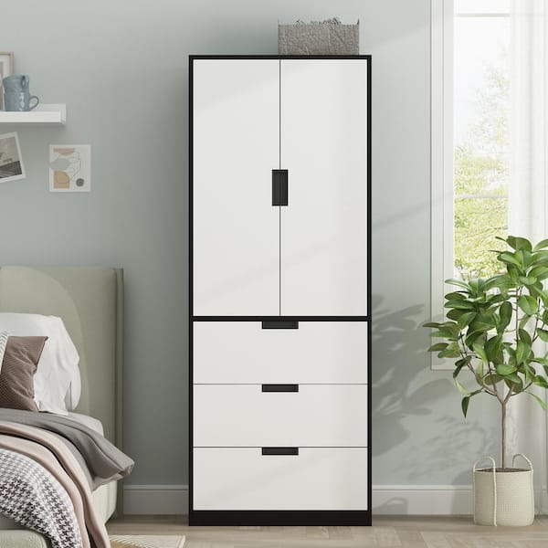 FUFU&GAGA Contemporary 3-Door Wardrobe Closet with 4 Drawers, Metal Slide  Rails, and Gold Handles - White Finish in the Armoires department at