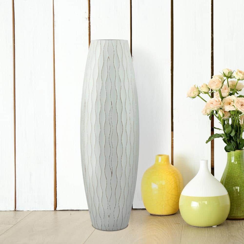Pale Ocean Blue Wave Textured Wood Vase, 15.7"