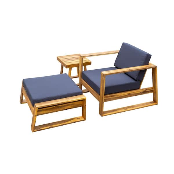 Unbranded 3-Piece Acacia Wood Outdoor Patio Conversation Set-Chair and Ottoman with Gray Cushions, for Patios Balconies Gardens