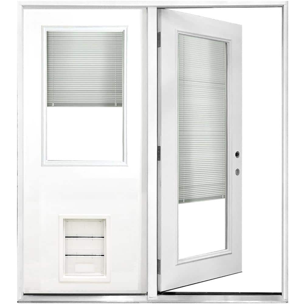 reviews for steves sons 60 in x 80 in clear mini blind white primed prehung lhis fiberglass center hinge patio door w xl pet door