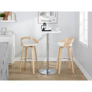 Grotto 29.5 in. White Faux Leather, Natural Wood and Chrome Metal Fixed-Height Bar Stool (Set of 2)